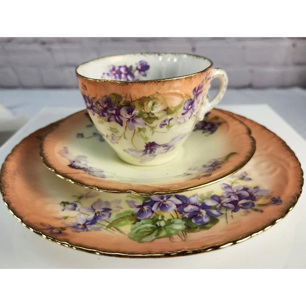 French Antique Rimojes Limoges Violet Flower Trio Set Teacup, Saucer, Dessert